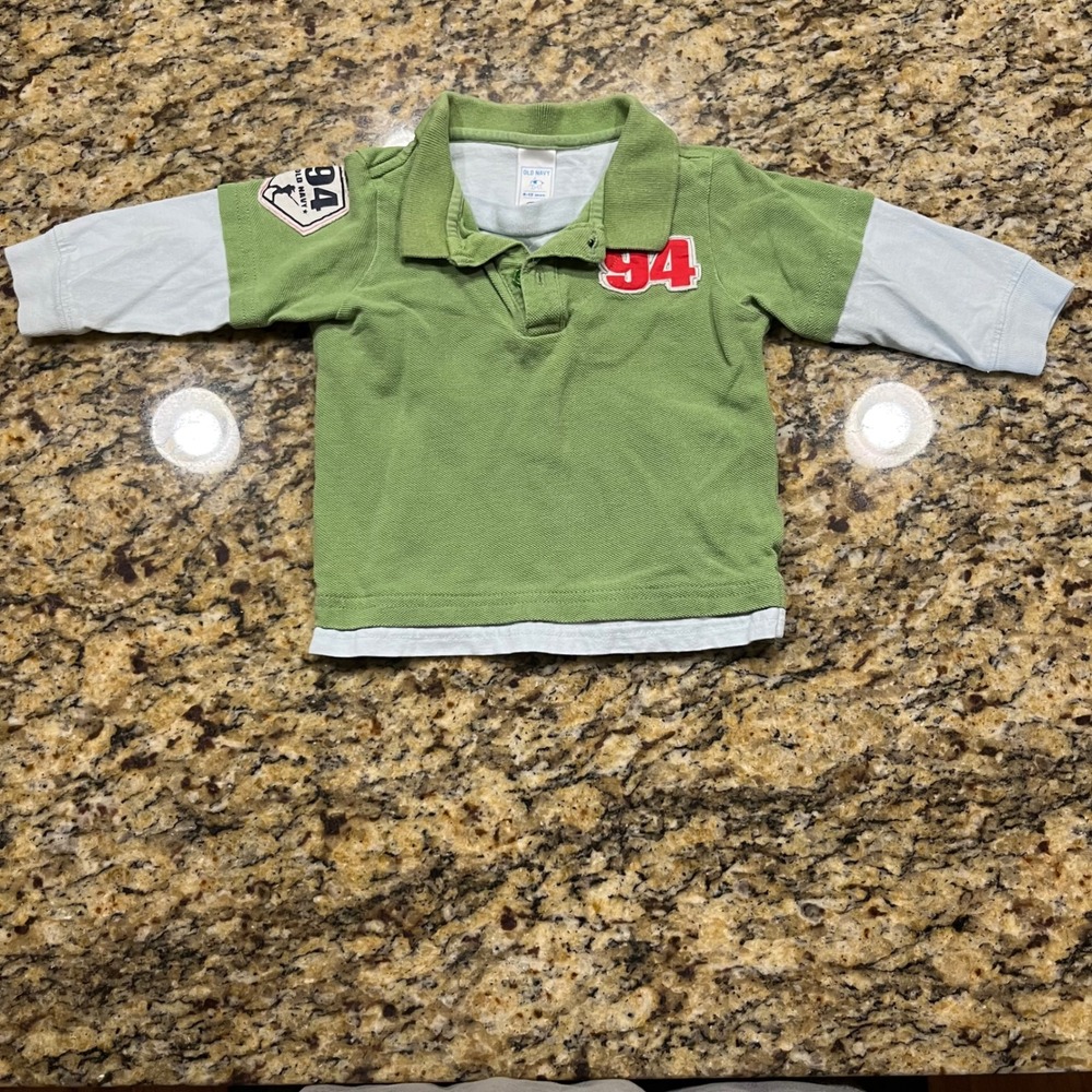 Vintage Old Navy Baby Boys Green Layered Long Sleeve Polo Shirt Varsity 6-12M
